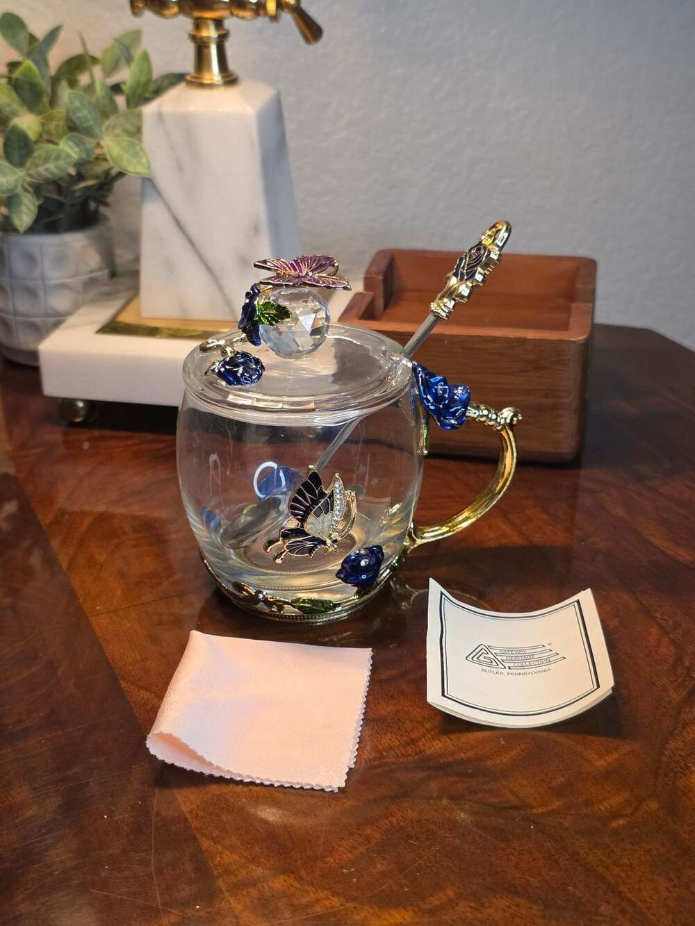 Gateway Heritage Collection Enamel Butterfly Blue Rose Glass Tea Cup Lid Spoon